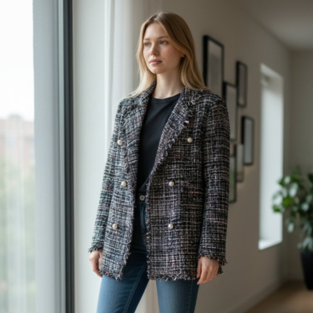 NWT FRESH TWIST TWEEDGLITTER THREAD MULTICOLOR PEARL BUTTON BLAZER JACKET